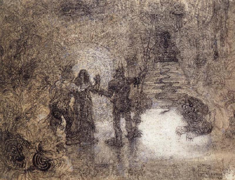James Ensor The Devils Dzitts and Hihahox,Led by Crazon,Riding a Wild Cat,Accompany Christ to Hell France oil painting art